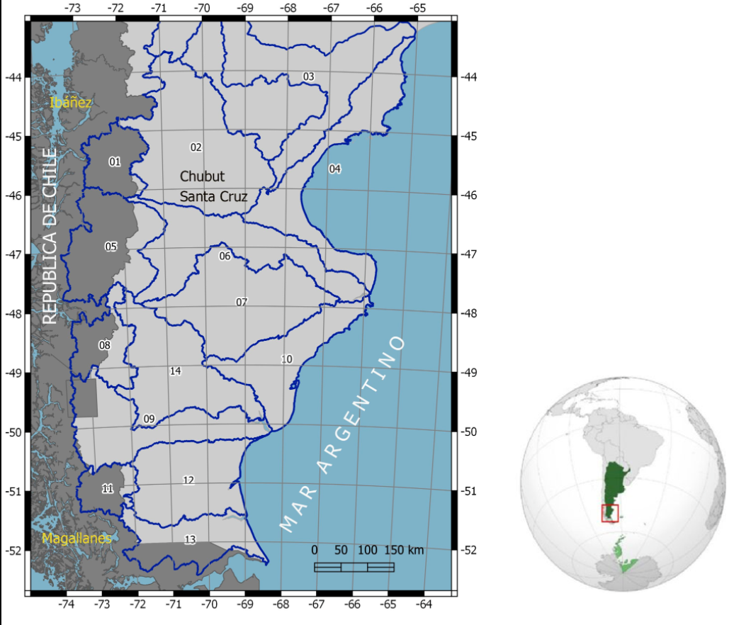 Ubicación y extensión de las Regiones Hidrográficas (RH) en la Patagonia
Austral de la República Argentina. 