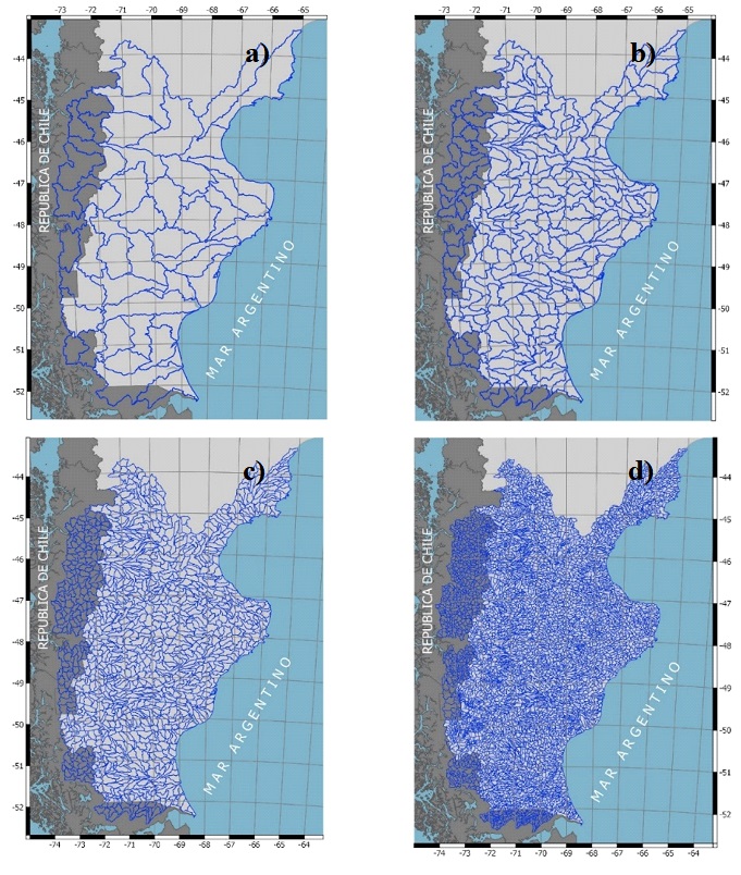 Mapa de UH
desarrolladas para la Patagonia Austral continental en diferentes niveles de
anidación (a) nivel 2, SH; (b) nivel 3, CC; (c) nivel 4, SC; y nivel 5, MC.