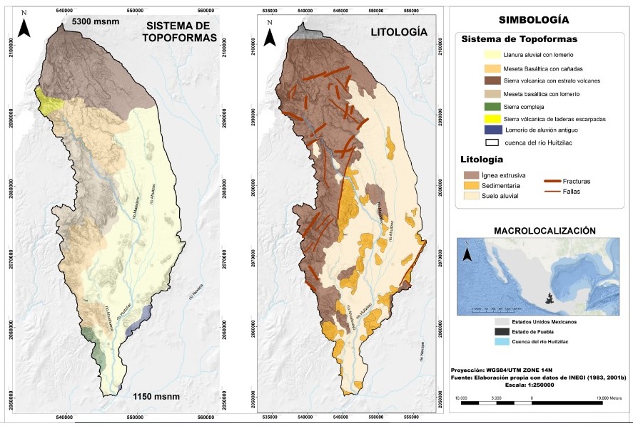 Sistema de
topoformas y litología de la cuenca del río Huitzilac.