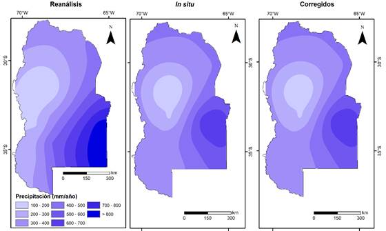 Distribución espacial de la precipitación, considerando: i.
Datos del Reanálisis, ii. Datos medidos In situ
y iii. Datos corregidos. Período de testeo
(2001-2020).