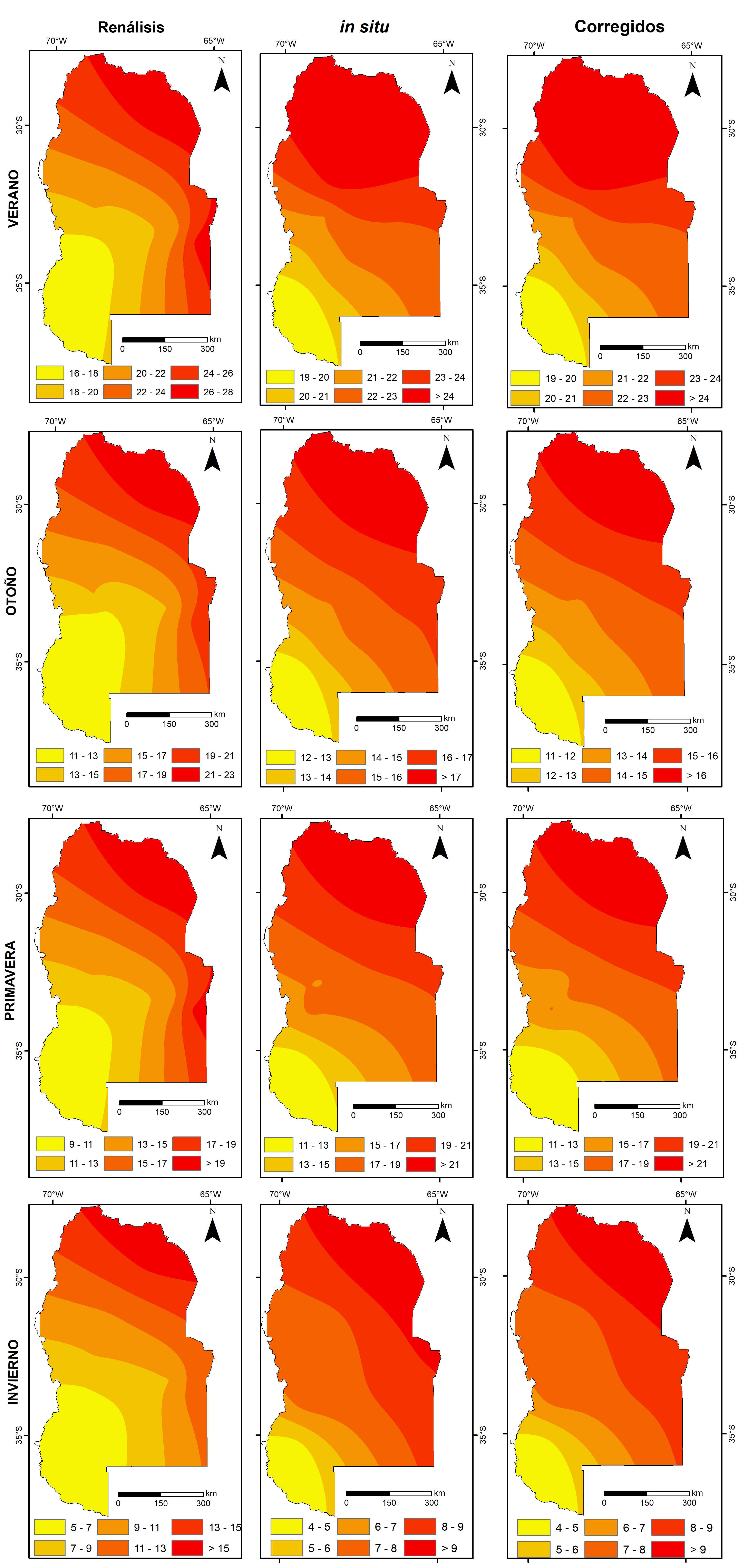 Distribución espacial de la temperatura de superficie
estacional, considerando: i. Datos del Reanálisis, ii.
Datos medidos In situ y iii. Datos corregidos.
Período de testeo (2001-2020).