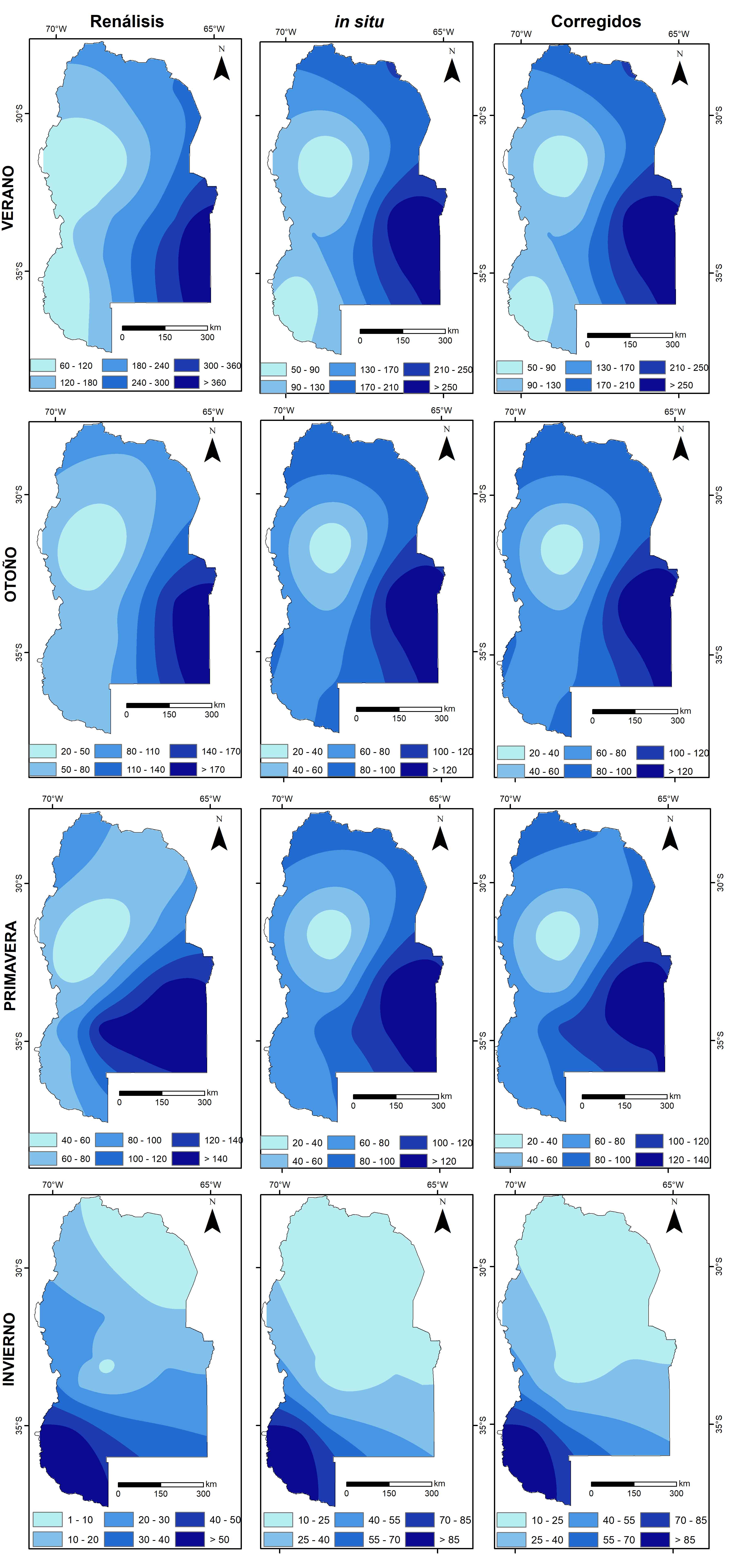 Distribución espacial la precipitación estacional,
considerando: i. Datos del Reanálisis, ii. Datos
medidos In situ y iii. Datos corregidos.
Período de testeo (2001-2020).