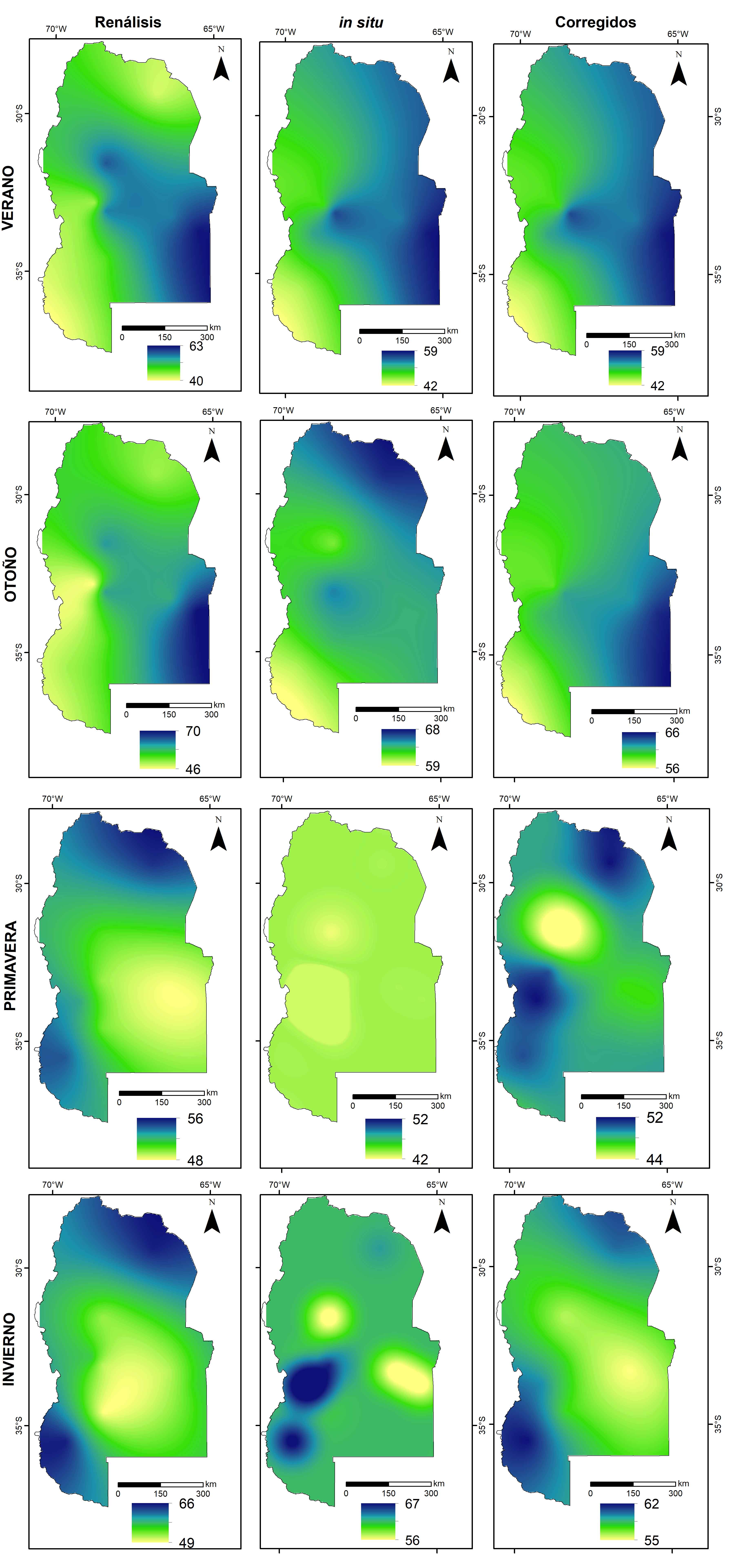Distribución espacial de la humedad relativa estacional,
considerando: i. Datos del Reanálisis, ii. Datos
medidos In situ y iii. Datos corregidos.
Período de testeo (2001-2020).