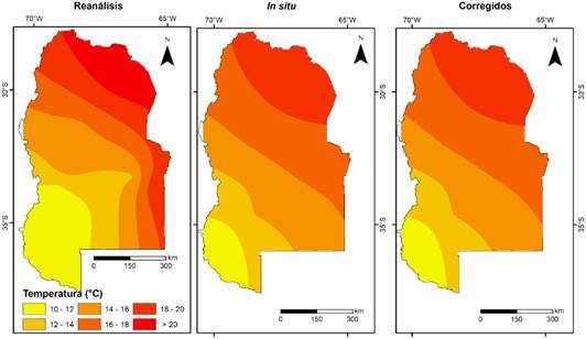 Distribución espacial de la temperatura del aire,
considerando: i. Datos del Reanálisis, ii. Datos
medidos In situ y iii. Datos corregidos.
Período de testeo (2001-2020).