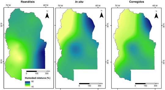 Distribución espacial de la humedad relativa, considerando: i. Datos del
Reanálisis, ii. Datos medidos In situ y iii. Datos corregidos. Período de testeo (2001-2020).