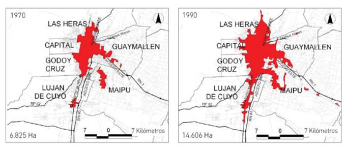 Evolución de la expansión del AMM en 1970-1990. (Ciudad de Mendoza (MZA), Godoy Cruz (GC), Maipú
(MP), Luján de Cuyo (LC), Las Heras (LH) y Guaymallén (GY))  