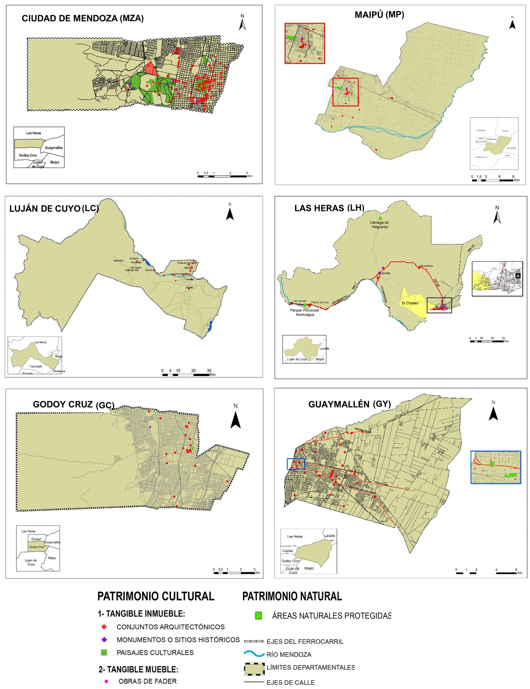 Patrimonio en los departamentos del área
metropolitana de Mendoza (AMM). Guaymallén (GY), Maipú (MP), Godoy Cruz
(GC) y Ciudad (MZA).