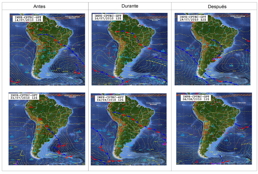 Situación sinóptica de a) antes, b) durante y c) después
de dos OF registradas en Bahía Blanca (12 UTC, 09:00)