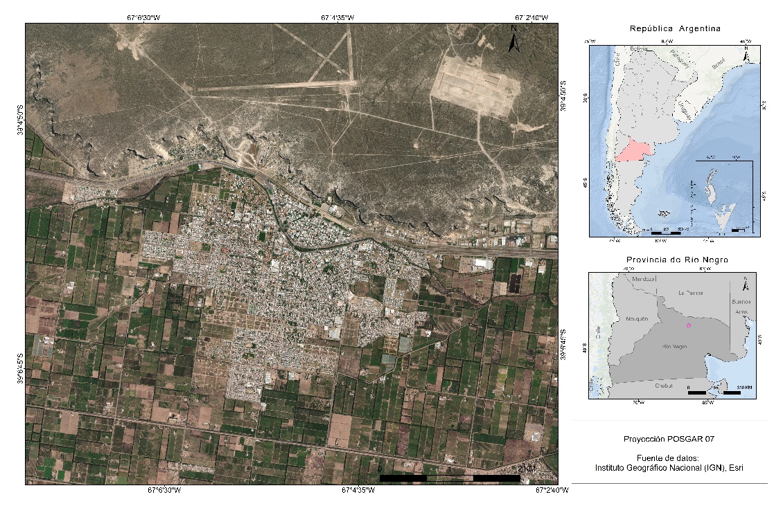 Ubicación de Villa Regina, en Río Negro y en la República Argentina (derecha)
e imagen satelital del área urbana georreferenciada (izquierda). 