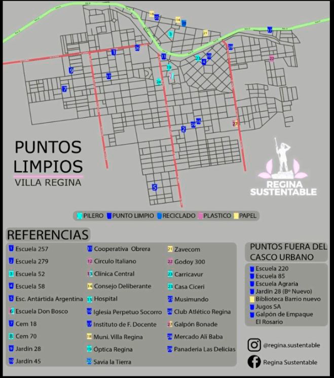 Ubicación de los puntos limpios informados por el municipio de Villa Regina (MVR) móvil. https://villaregina.gob.ar/distribucion-de-puntos-limpios-en-la-ciudad/