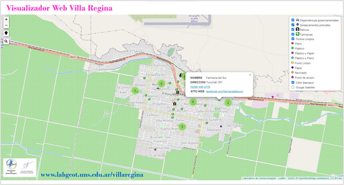 Interfaz del visualizador de puntos limpios de la localidad de Villa Regina. https://www.labgeot.uns.edu.ar/villaregina/)
