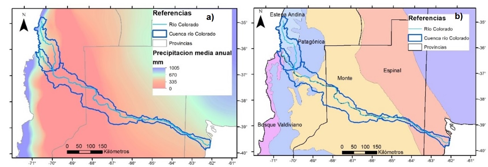 Cuenca del río Colorado. Zonificación de: a) Precipitación media anual, b)
Tipos de vegetación basados en las provincias fitogeográficas.