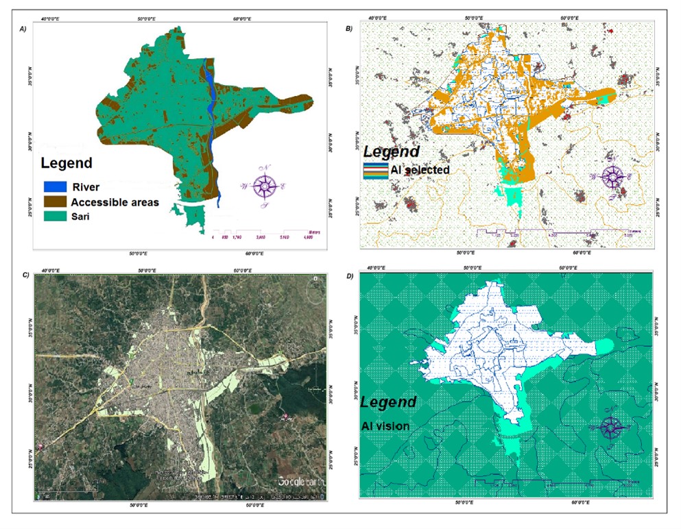 Spatial priorities in
the final image of the study, a) final shape accesses and
demographic areas based on participation. b) final selections of artificial intelligence c) real world on a Google map,
d) virtual view of AI with visible reality. 