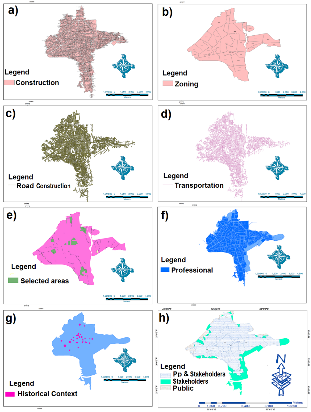 National participation. Collaborative map, a) the
constructions completed up to this point, b) zoning in terms of city locations,
c) asphalted and audited roads, d) transportation status, e) selected places
that seem inappropriate, f) a map that mapping professionals will use, g)
areas identified as historical; h) public participation with stakeholder
participation. 
