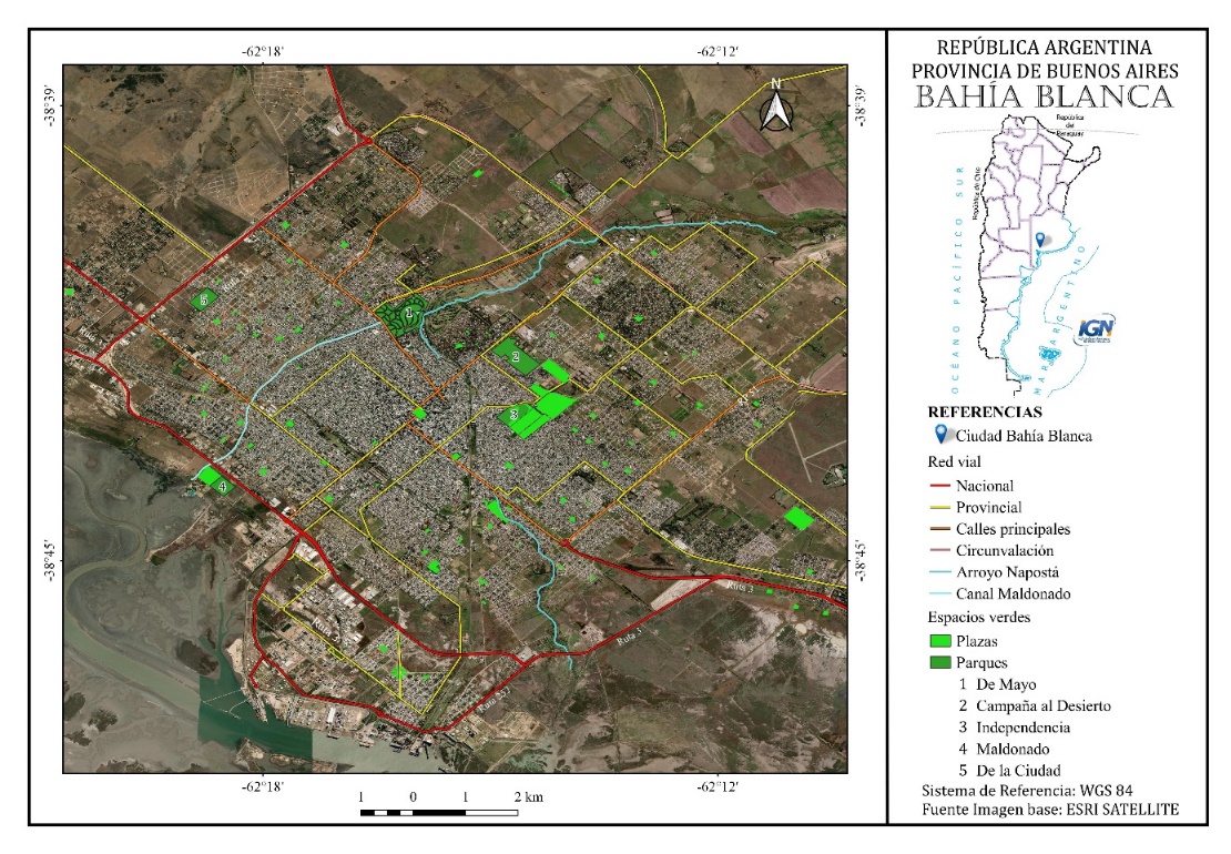Distribución
de espacios verdes, hidrografía y red vial principal en la ciudad de Bahía
Blanca. Fuente: Elaboración propia sobre la base del mapa del Municipio de
Bahía Blanca. 