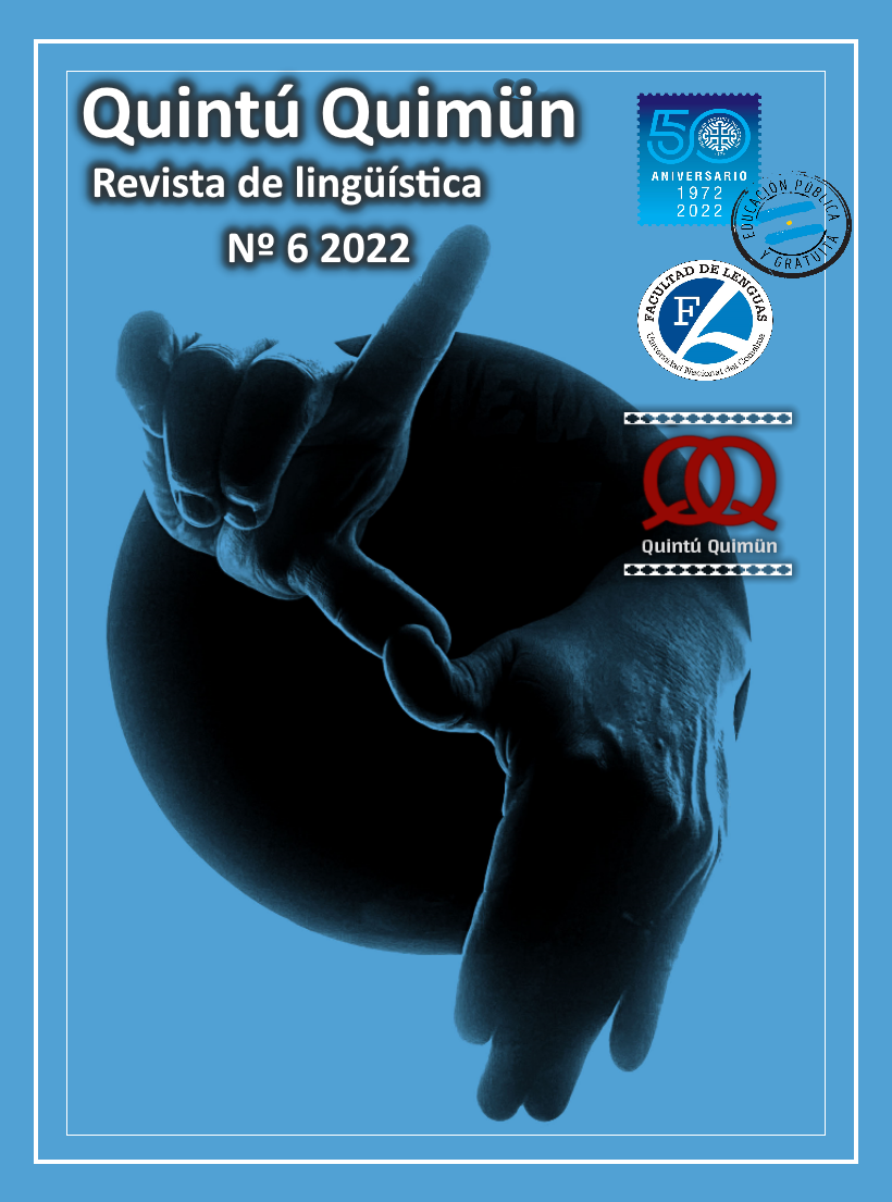 Tapa del sexto número de Quintú Quimün, revista de lingüística. El diseño representa la lengua de señas de América Latina