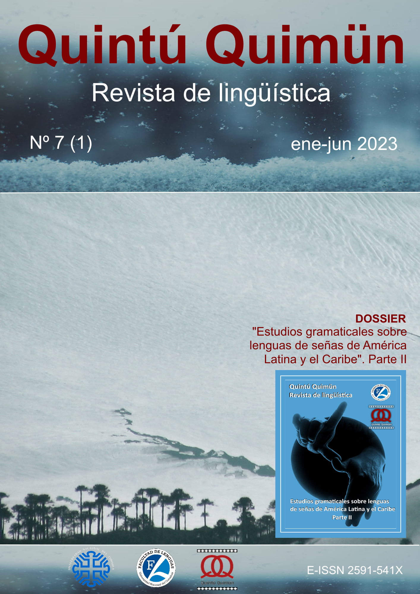Tapa del número 7, 2 de 2023 de la revista Quntú Quimün. Fondo con imágenes de invierno, hielo y nieve.