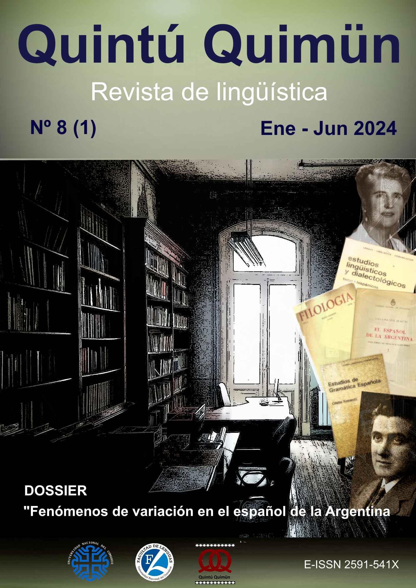 Tapa de la revista Quintú Quimün. Revista de lingüística. Número 8 (1) 2024. Una biblioteca con miniaturas de revistas de lingüïstica y fotografías de lingüistas