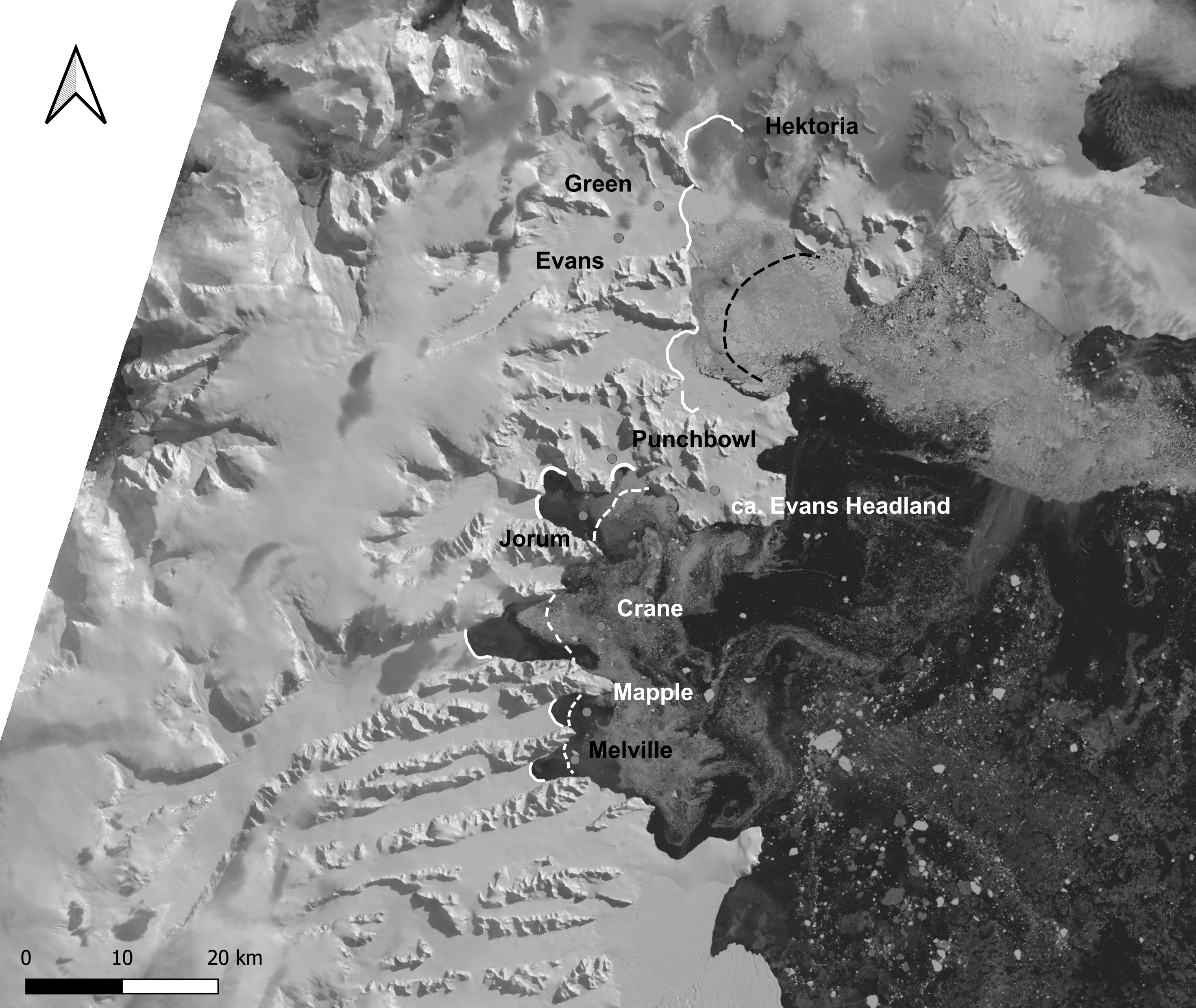 Figura de los Cambios en la posición de los frentes glaciarios situados en la bahía Larsen B, Península Antártica, observados entre diciembre 2002 (línea punteada blanca) y marzo 2023 (línea continua blanca).