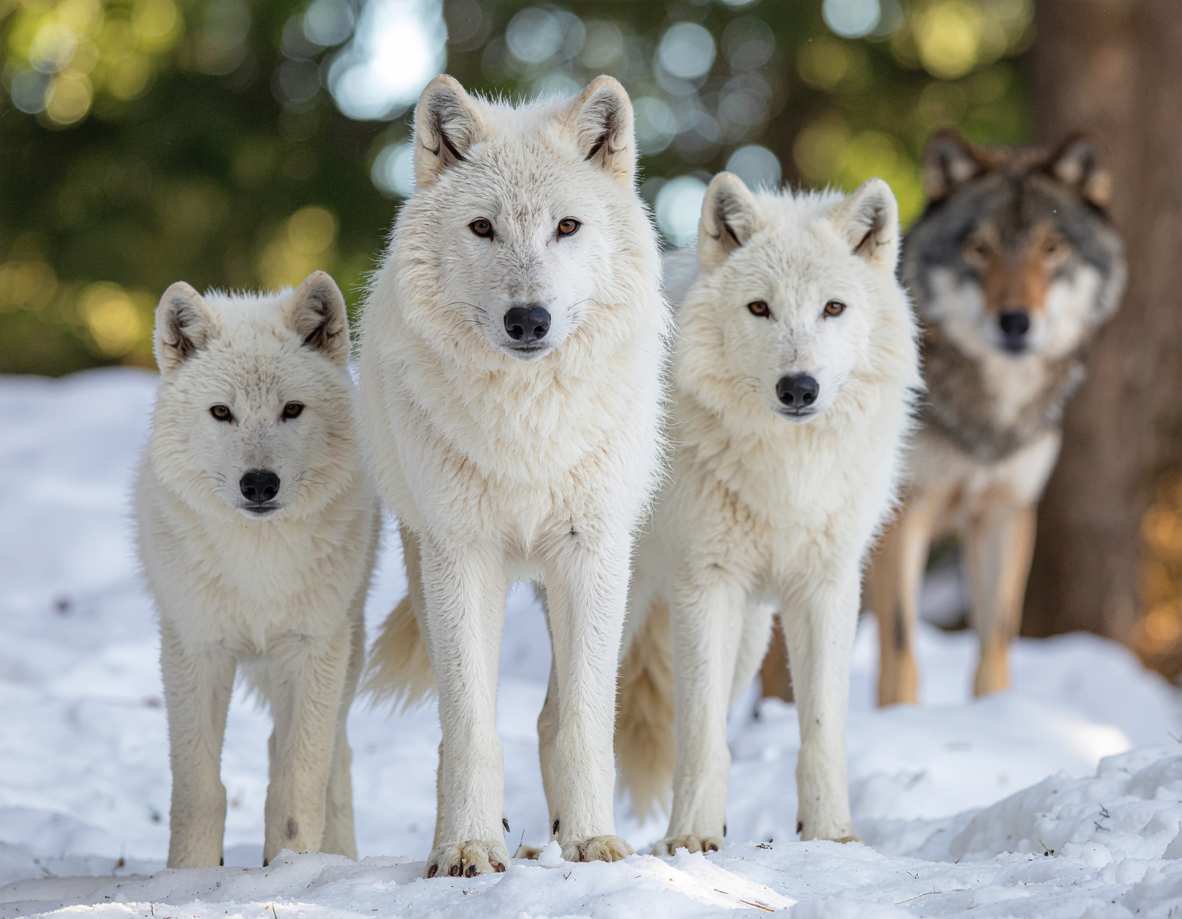  Los tres cachorros de “lobo feroz” que Colossal Biosciences presentó en abril de 2025 (representados al frente en la imagen) son en realidad clones genéticamente modificados del lobo gris moderno (Canis lupus), representado por el individuo que está por detrás en la imagen. El paleogenoma reconstruido del lobo feroz (Aenocyon dirus) tiene más de 16 millones de diferencias con el del lobo gris, pero estos clones sólo difieren en 20 cambios puntuales.